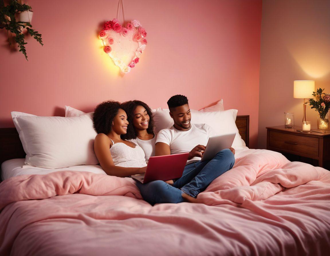 A romantic and intimate digital space featuring a cozy couple engaging in a shared online experience. Soft, warm lighting illuminates the scene, with playful elements like scented candles, plush pillows, and a laptop displaying a heart-shaped chat bubble. Incorporate symbols of love, such as roses and chocolates, subtly blending into the background. Create a dreamy atmosphere emphasizing connection and sensuality. super-realistic. vibrant colors. soft focus.