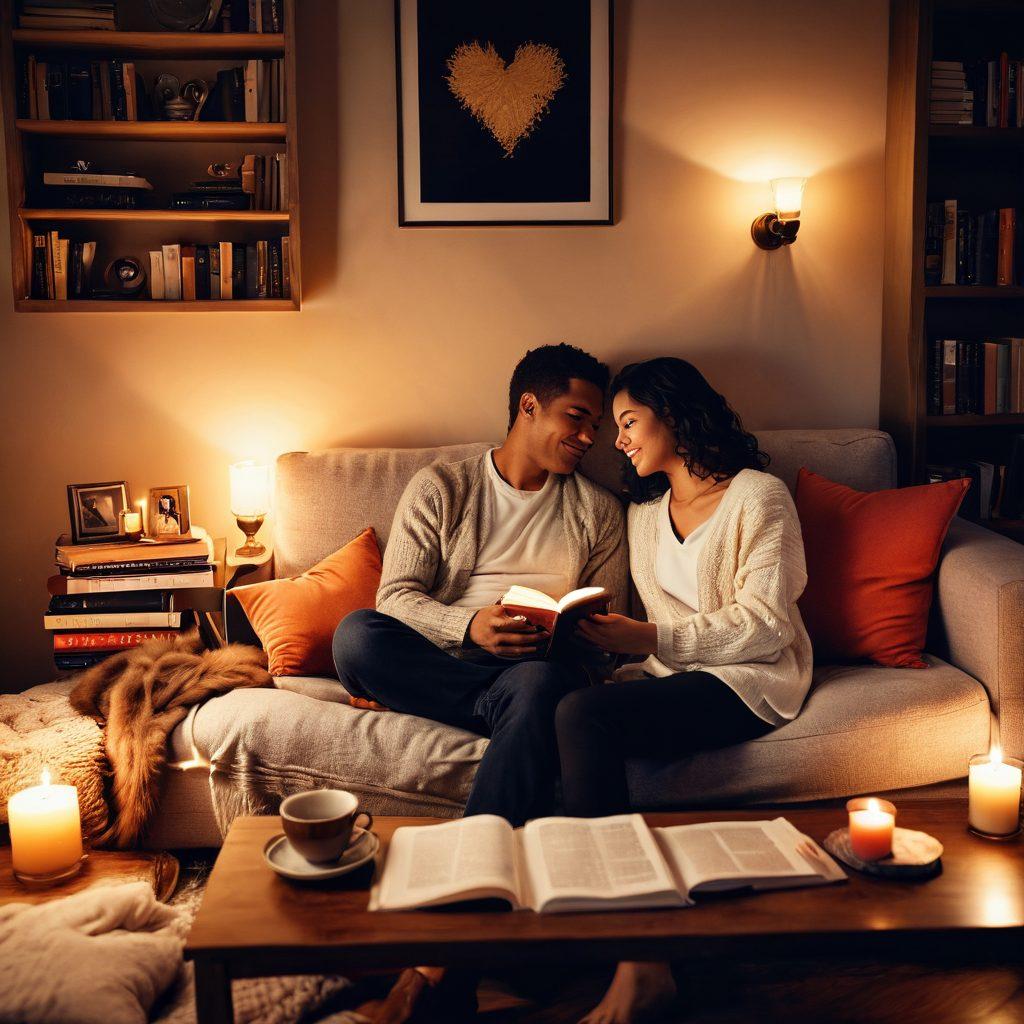 A cozy, warmly lit room featuring a couple enjoying a heartfelt conversation on a plush couch, surrounded by books and candles, symbolizing intimacy and romance. Soft pillows and a cup of tea add to the inviting atmosphere. A delicate heart motif subtly woven into the background enhances the theme of love and connection. The essence of adult blogging is captured through a journal and pen placed nearby. soft lighting. vibrant colors. cozy atmosphere. 3D.